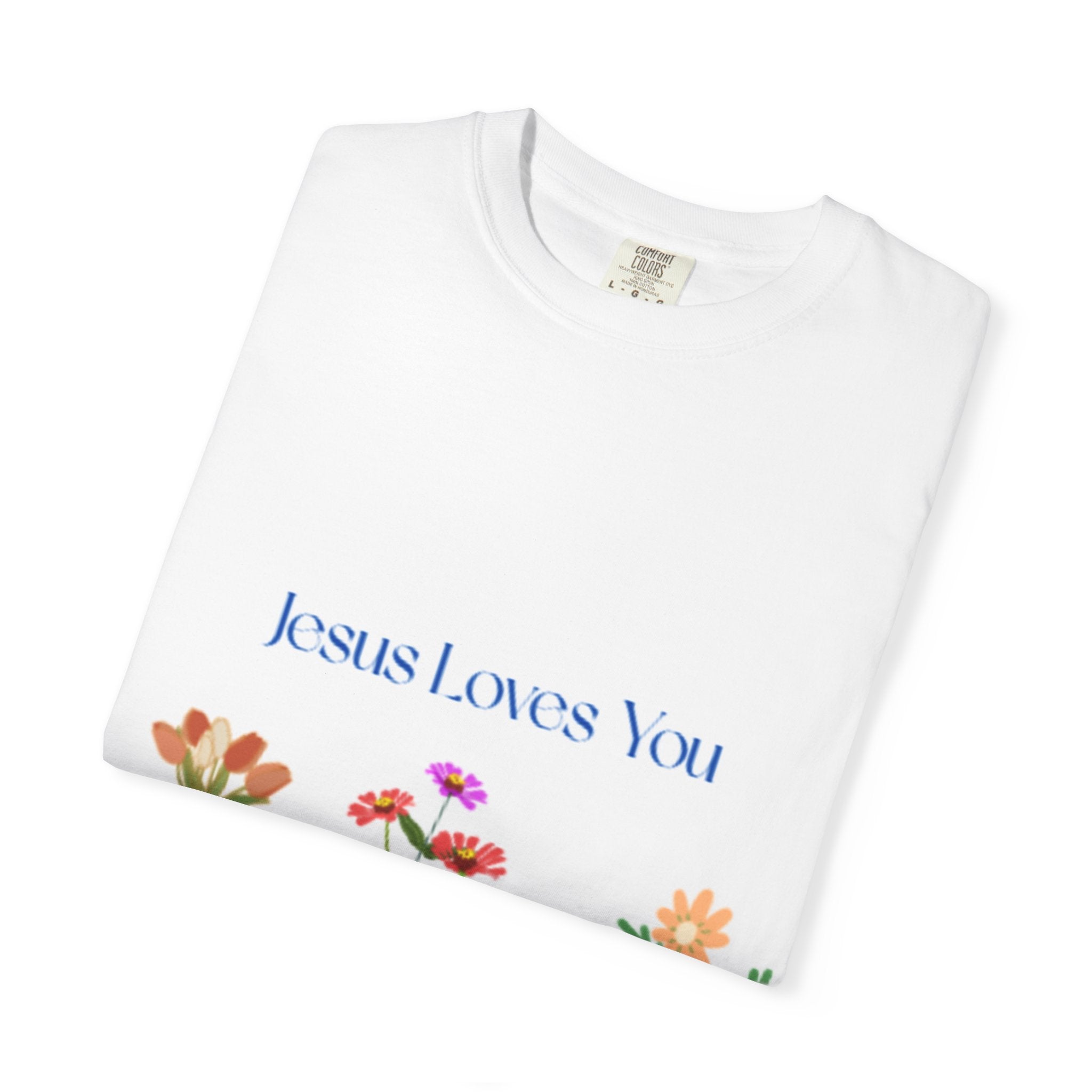 Christian Floral T-Shirt — "Jesus Loves You" with Cross & Flowers