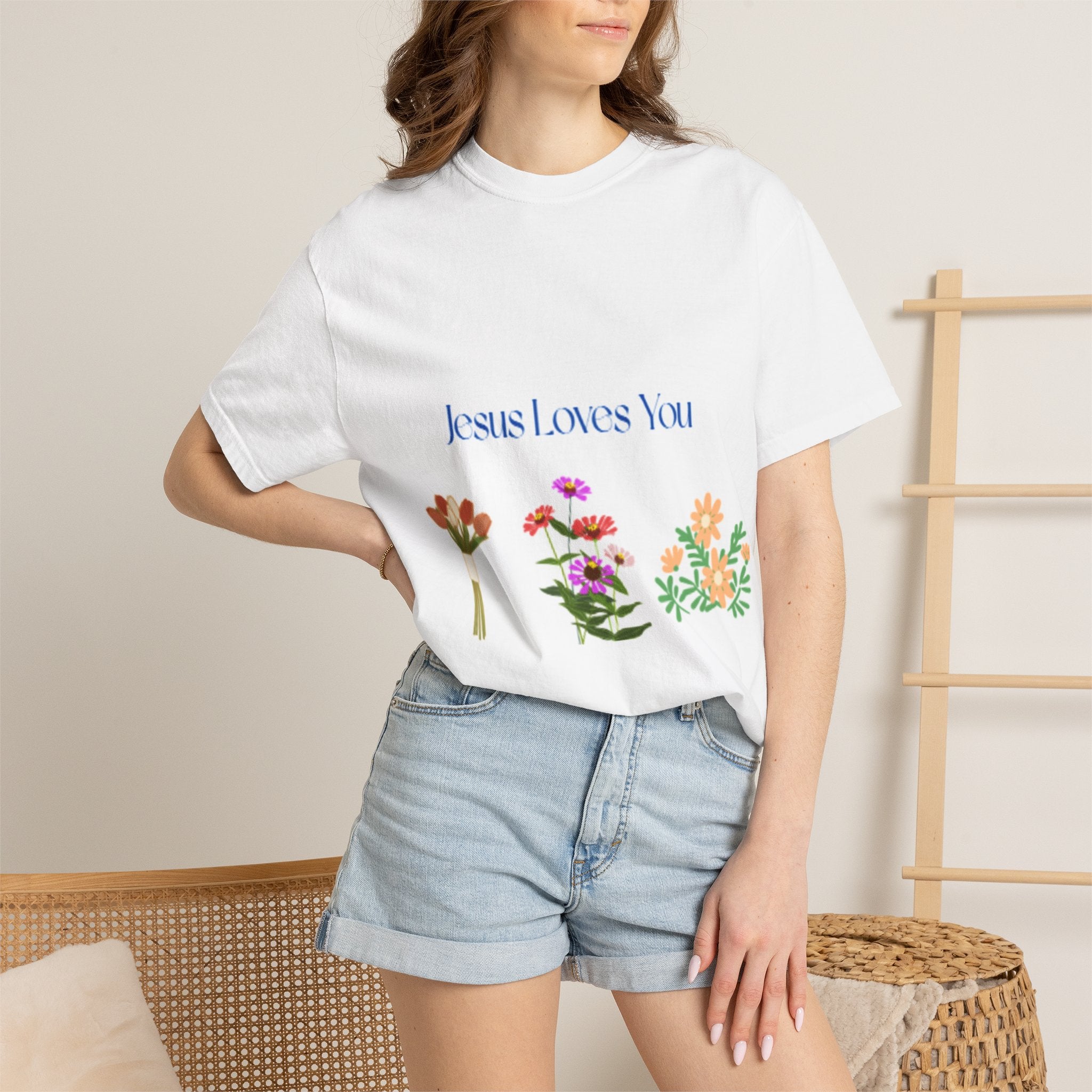 Christian Floral T-Shirt — "Jesus Loves You" with Cross & Flowers